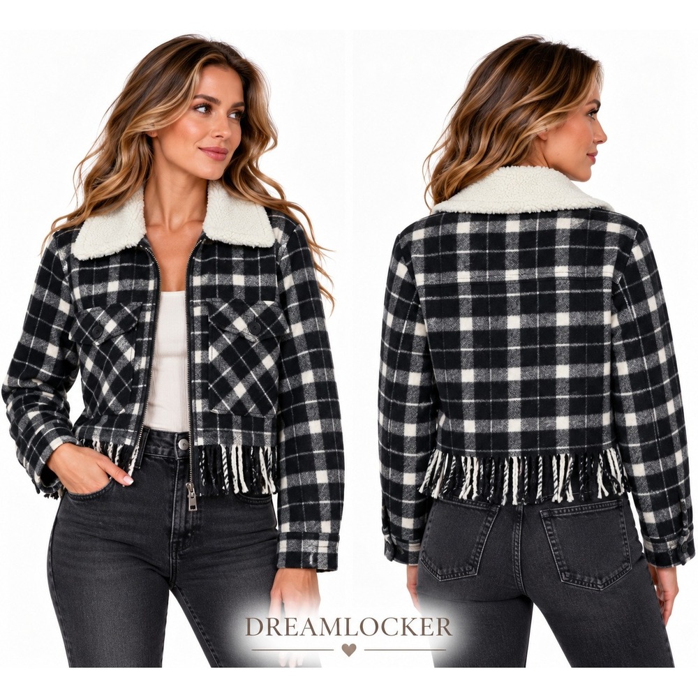 Kate Spade Jacket Womens M Black White Plaid Wool Sherpa Fringe Cropped Zip